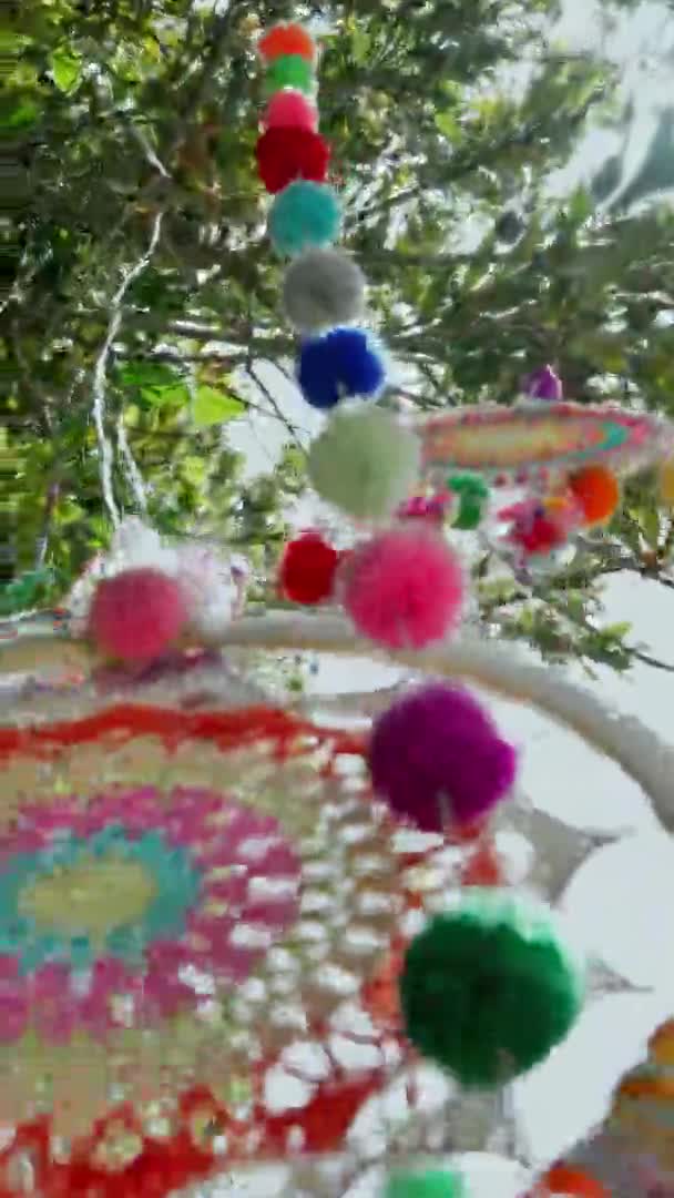 Beautiful Colored Dream Catcher Hanging Tree Swaying Wind Handheld Low — Video Stock
