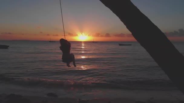 在非洲维兰库罗斯巴扎鲁托群岛的热带海滩上 一位在棕榈树上荡秋千的女子在金光闪闪的夕阳西下向空中鸣枪 — 图库视频影像