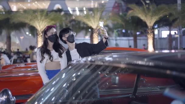 Una Chica Estaba Tomando Una Selfie Con Compañero Delante Hermoso — Vídeo de stock