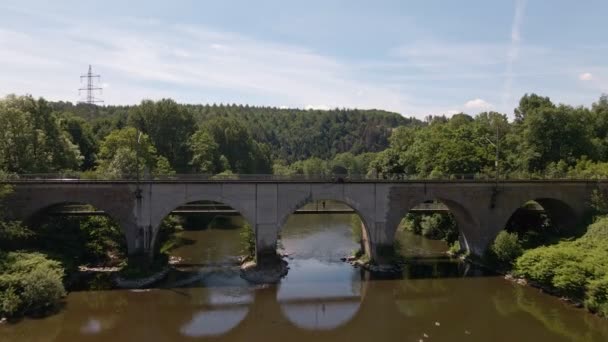 Old Train Trestle Bridge Leading Sieg River West Germany Sunny — Stock Video