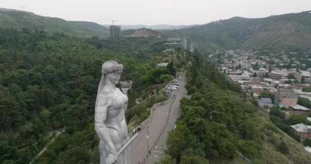 Luftaufnahme Der Statue Von Kartlis Deda Und Tiflis Während Eines — Stockvideo
