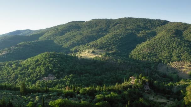 Draufsicht Auf Die Landwirtschaftliche Landschaft Während Des Sonnenuntergangs Chianti Toskana — Stockvideo