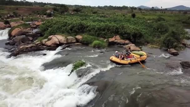 Yellow Rafting Boat Rafting Nile River Waterfalls Jinja Uganda Drone — Video