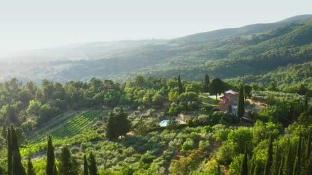 Amazing Aerial View Agricultural Landscape Sunset Chianti Tuscany Italy — Stock Video