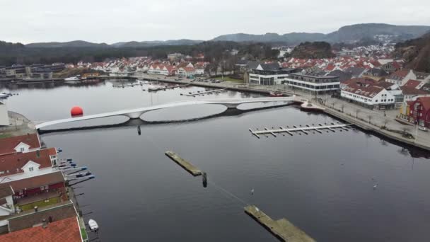 Unique Adolph Tidemands Bridge Crossing Marna River Mandal Norway Aerial — 비디오