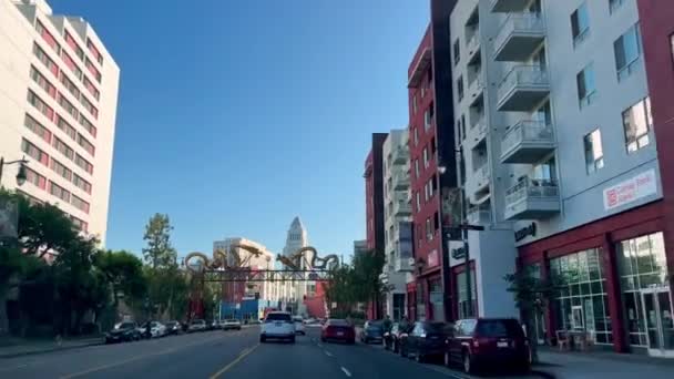 Driving Los Angeles Chinatown Daytime Blue Sky Bustling Traffic — Stock video