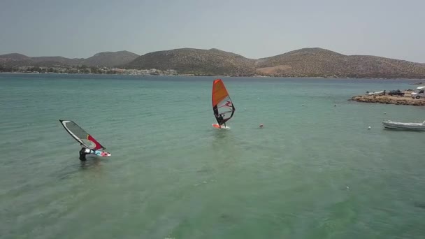 Aerial Footage Drone Windsurfer Making Water Start Beach Anavyssos Coastal — Stockvideo