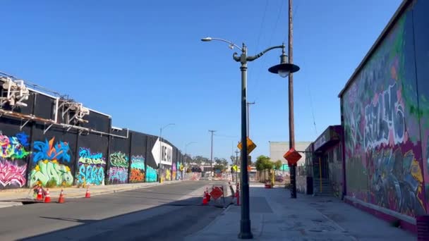 Panning Shot Colorful Graffiti Walls Downtown Los Angeles Sixth Street — стокове відео