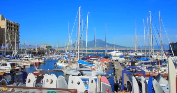 Mooring Boats Porticciolo Santa Lucia Seaport Mount Vesuvius Background Naples — Video