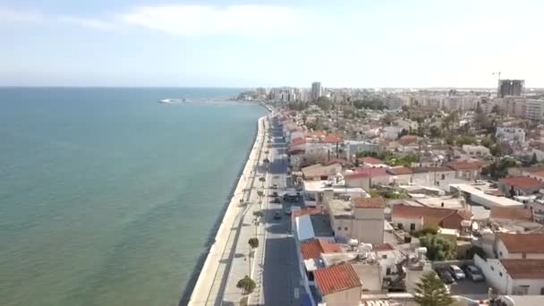 Drone Flying Low Old Buildings Mackenzie Street Beautiful Seaside Larnaca — Stockvideo
