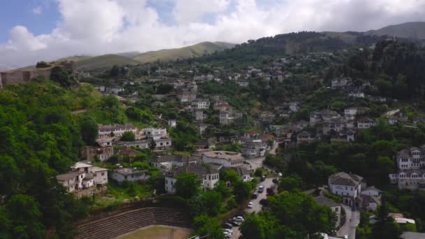 Luchtfoto Van Oude Stad Gjirokaster Een Unesco Werelderfgoed Albanië Europa — Stockvideo