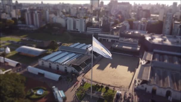 Circular Drone Flight Argentine National Flag Waving Rural Park City — Vídeo de stock