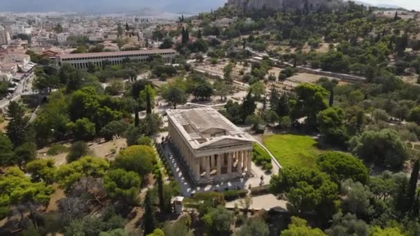 Hephaestus Temple Ancient Agora Athens Greece Aerial View Roman Forum — ストック動画