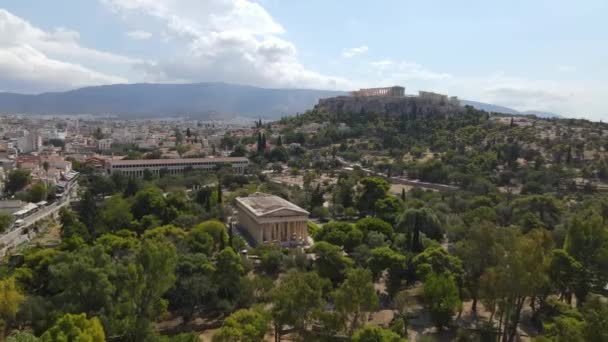 Athens Greece Aerial View Hephaestus Temple Ancient Agora Acropolis Drone — ストック動画