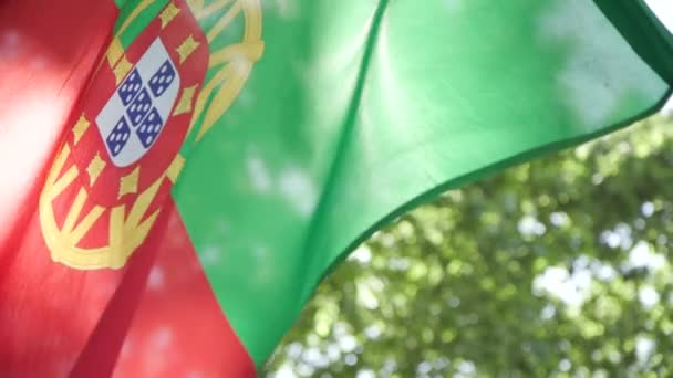 Portuguese Flag Blowing Wind Slow Motion Close Backlit Sun — Stockvideo