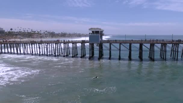 Surfers Catching Waves Pier Surfing Oceanside California Action Shot Aerial — стокове відео