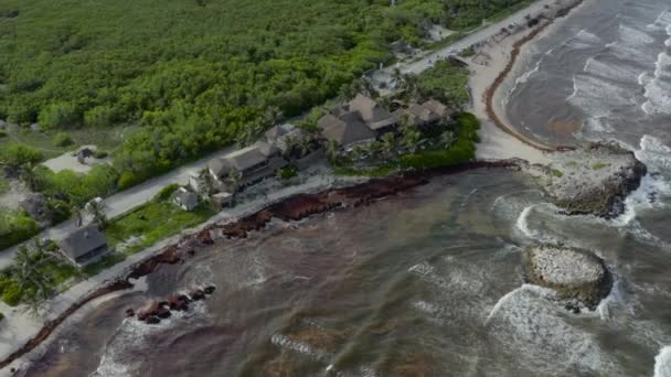 在墨西哥图卢姆 飞机俯瞰热带加勒比海岸 白天涨潮时海浪冲撞 背景中的绿色森林 — 图库视频影像