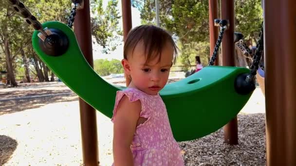 Close Shot Toddler Girl Looking Curiously Playground Austin Texas Beautiful — Stock video
