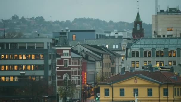 Kristiansand Cidade Início Manhã Vista Aérea Câmara Lenta Direita — Vídeo de Stock