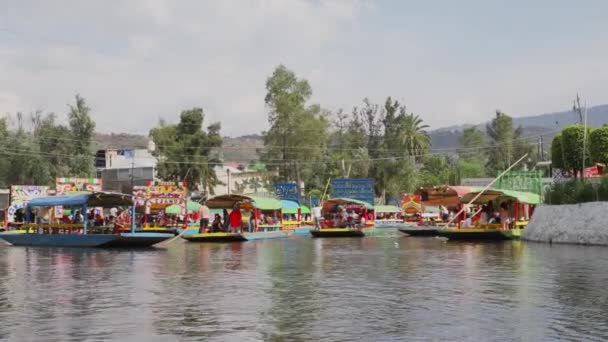 View Colourful Gondola Boats Carrying Tourists Xochimilco Waterways Embarcadero Nuevo — Vídeos de Stock