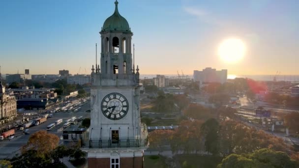 Aerial Orbital View Sunset Torre Monumental Clock Tower Plaza San — Stockvideo