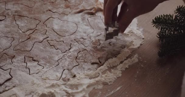 Woman Hand Preparing Christmas Cookies Using Cookie Cutter Close — Stockvideo
