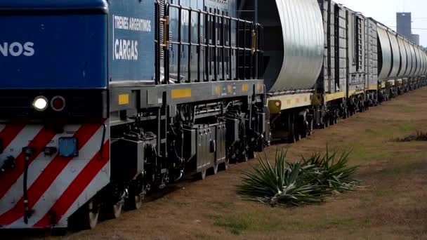 Slow Motion Close Shot Freight Train Passing Country Town — Stok video
