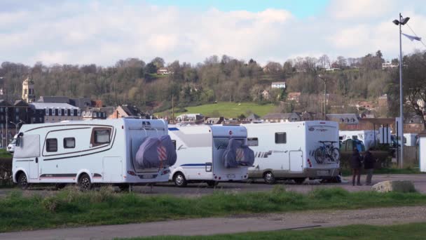 Campervans Parked Motorhome Parking Area Honfleur Normandy France Wide — Vídeo de stock