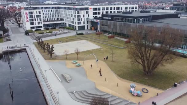 Playground Happy Kids Families Having Fun Kristiansand Norway Aerial Moving — Stock video