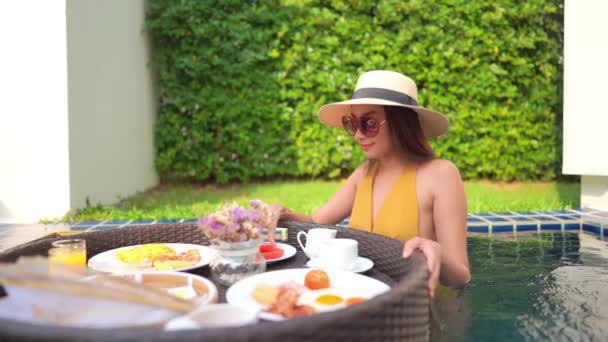 Asian Woman Having Lunch Swimming Pool Pick Watermelon Floating Tray — Video Stock