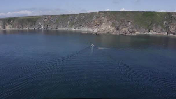 Aerial Rises Crab Boat Farms Sea Cliffs South Ireland — Video Stock