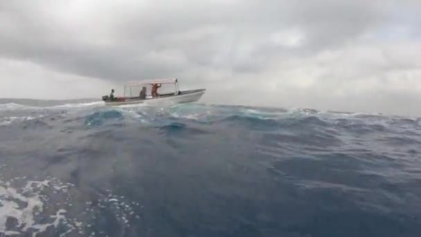 Черные Люди Моторной Лодке Крышей Плывущей Бурным Морским Волнам Занзибар — стоковое видео