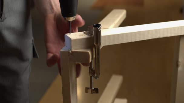 Diy Handyman Drills Hole Assemble Pine Lumber Construction Project — Video