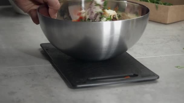Chef Mixes Fresh Raw Ingredients Bowl Smorgastarta Recipe — Wideo stockowe