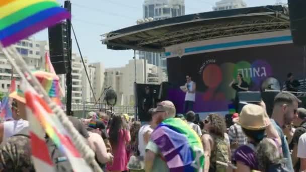 View Speaker Stage Pride Parade Tel Aviv Focus Rainbow Flags — Stock video
