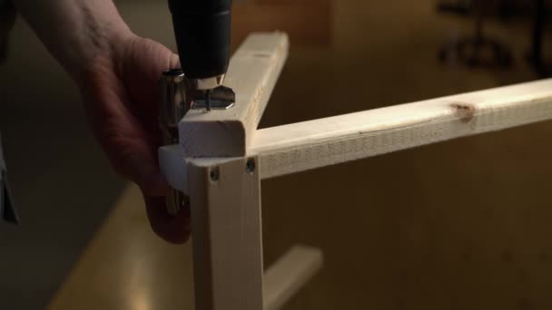 Holes Drilled Clamped Pine Lumber Diy Project Narrow Focus — ストック動画