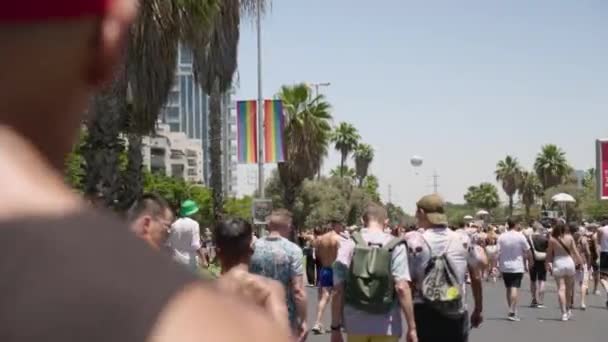 Pov Crowds Walking Closed Road Pride Parade Tel Aviv Sunny — ストック動画