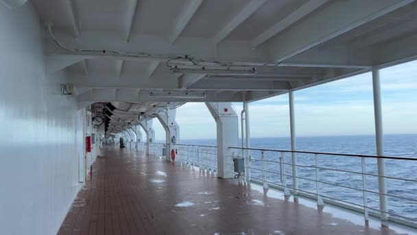 Promenade Luxury Cruise Ship Lifeboats Hanging View Out Sea — Video
