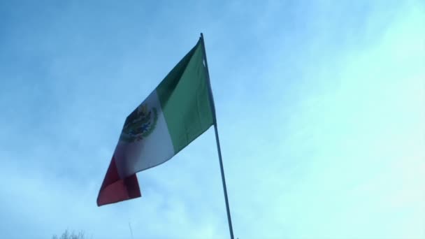 Bandeira Mexicana Flutua Lentamente Céu Dia Céu Azul Nuvem Dispersa — Vídeo de Stock