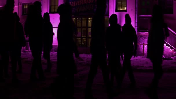 Winter Night Pedestrians Front Pink Building Talvisirkus Sign — 图库视频影像