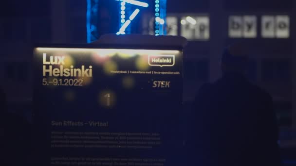 Festival Goers Visit Lux Helsinki Sign Cold Winter Night Finland — Video Stock