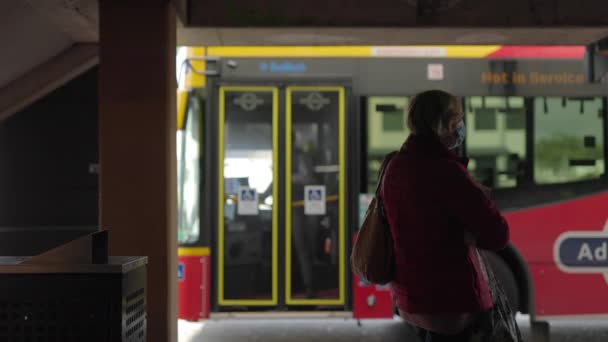 Ajetreado Intercambio Autobuses Parada Autobús Con Pasajeros Abordando Iluminando Durante — Vídeos de Stock