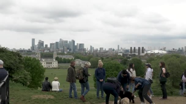 一群年轻人和他们的狗在格林威治子午线公园里悠闲自在地度过了一天 俯瞰着皇后区的房子和伦敦美丽的城市风景 — 图库视频影像