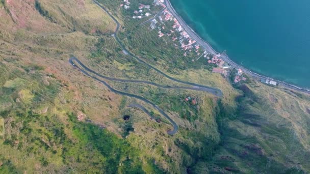 Scenic Winding Coastal Road Leading Paul Mar Madeira Drone — Stockvideo
