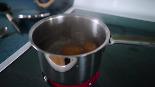 Pote Água Fervente Com Ovos Castanhos Interior Uma Placa Vidro — Vídeo de Stock