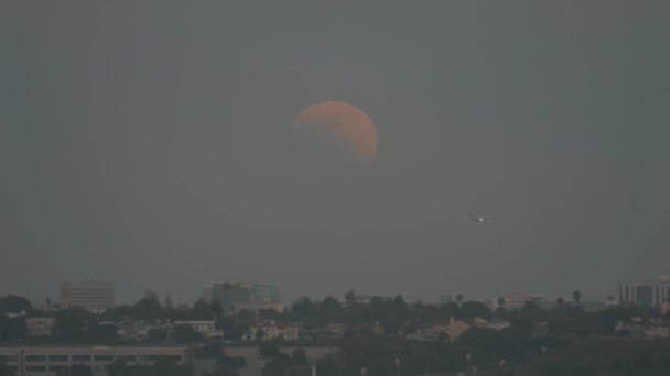 Super Blood Moon Lunar Eclipse Plane Crossing Shot Marina Del — Stock Video