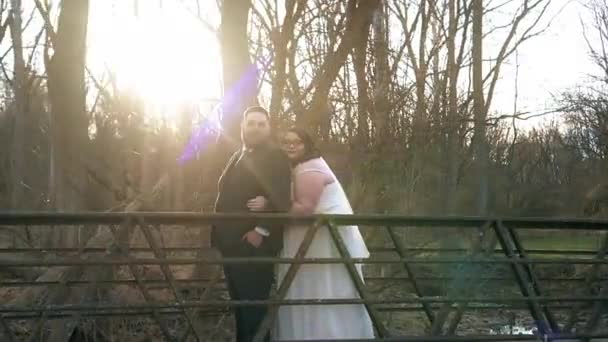 Ženich Obleku Nevěsta Svatebních Šatech Právě Vzali Pózují Svatební Fotku — Stock video