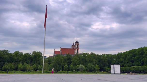 Lithuanian Flag Hanging Flagpole Child Running Lukiskes Square Vilnius Lithuania — Vídeos de Stock