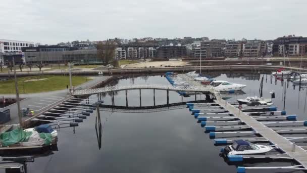 Mirror Clear Water Christianholm Marina Kristiansand Norway Aerial Flying Boats — Stock Video