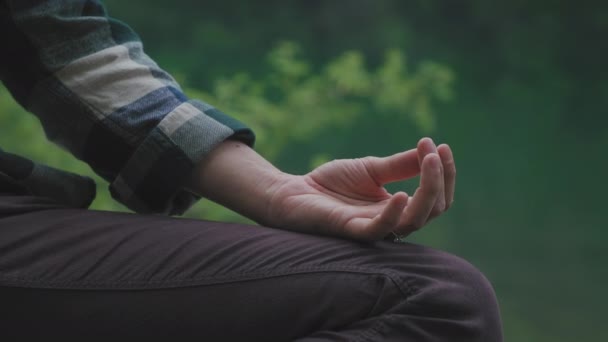 Close Woman Hands Lotus Position Doing Yoga Surrounded Beautiful Lush — Stok Video